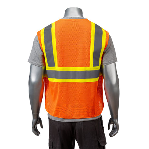 Class 2 Polyester Reflective Tape Safety Hook & Loop Vest With Pocket | Back side | Safety orange